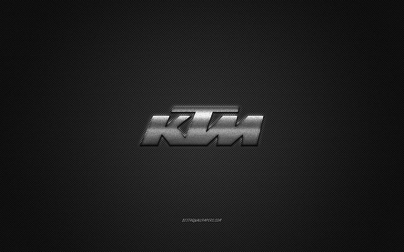 KTM logo, silver logo, gray carbon fiber background, KTM metal emblem, KTM, cars brands, creative art, HD wallpaper