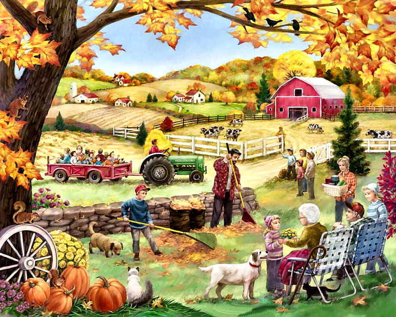 Countryside Autumn FC, architecture, planting, art, bonito, illustration, artwork, farm, painting, wide screen, scenery, crops, landscape, HD wallpaper