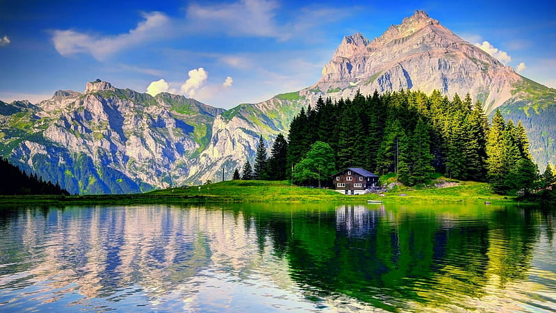 Swiss Alps with a little Cottage, forest, cottage, trees, alps, sky, lake, mountains, nature, reflection, HD wallpaper