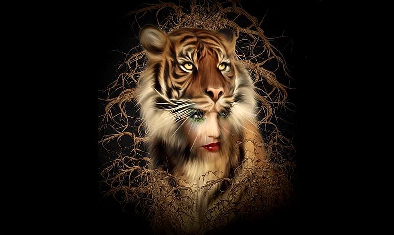 The Tiger Within Her, fantasy, fantasy girl, Abstract, awesome, tiger, digital art, woman, animal, HD wallpaper