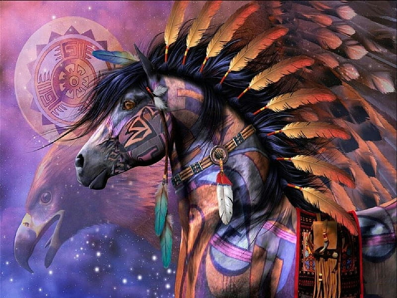 Native Horse, eagle, symbols, artwork, feathers, HD wallpaper