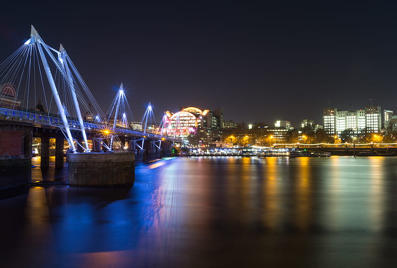 night city, bridge, river, architecture, lights, reflection, HD wallpaper