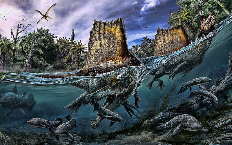dinosaurs, wildlife, artwork, underwater world, fish, jungle, HD wallpaper