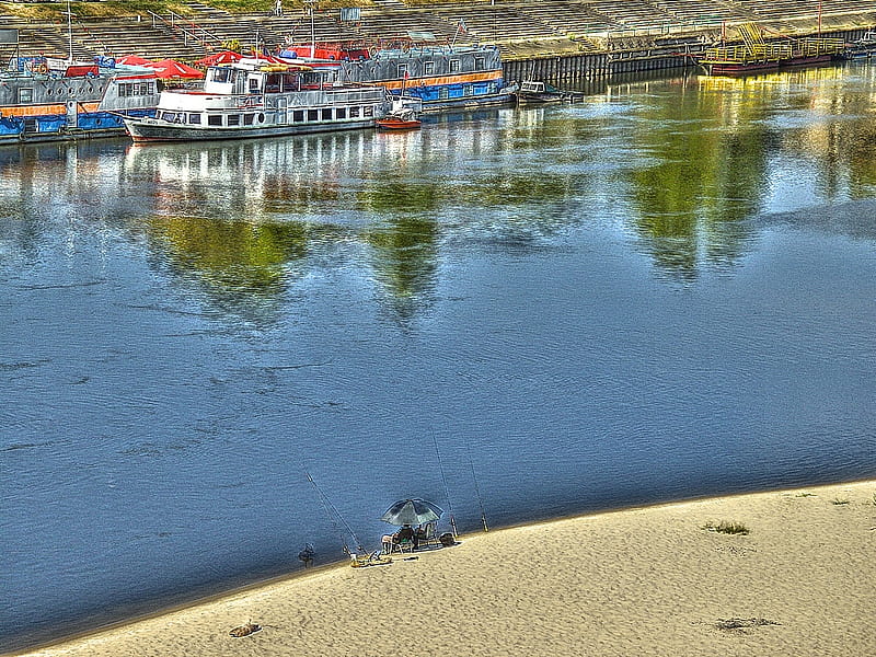 Vistula River, Warsaw., Poland, river, ship, Warsaw, beach, HD wallpaper