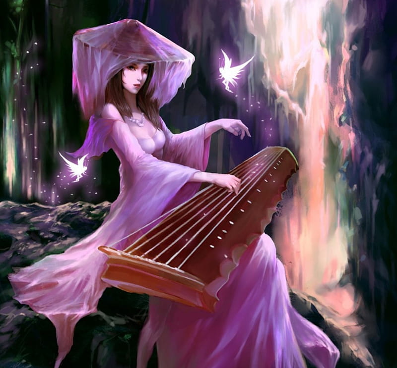 Luring the Fairies, luring, instrument, girl, music, fairies, asian, purple dress, HD wallpaper