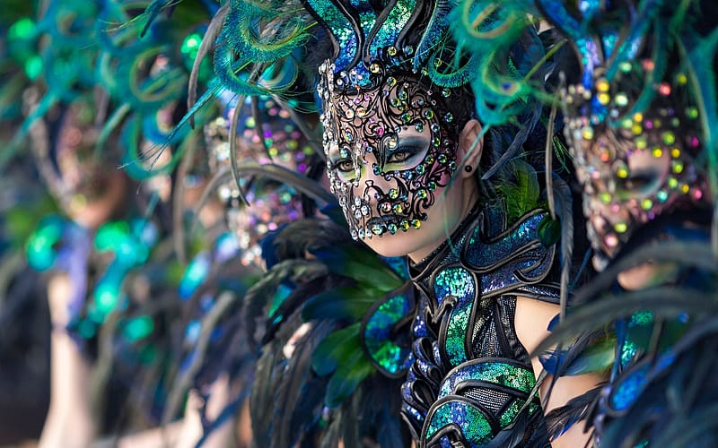 Brasil Carnival, mask, green, blue, girl, vicente concha, woman, HD wallpaper
