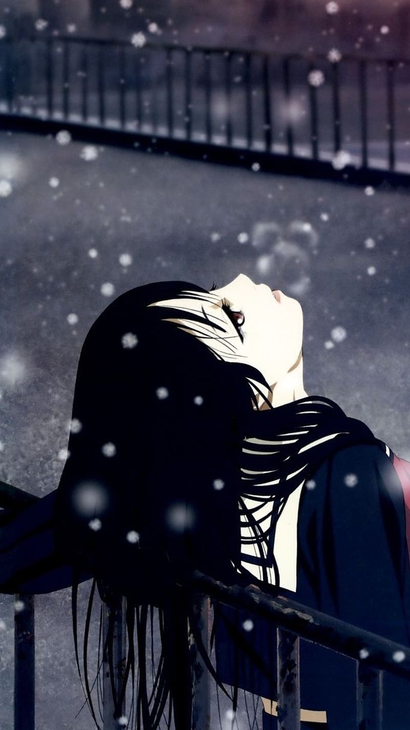 Anime Sad Girl, Standing Near Fench, animation, snow effect, HD phone wallpaper