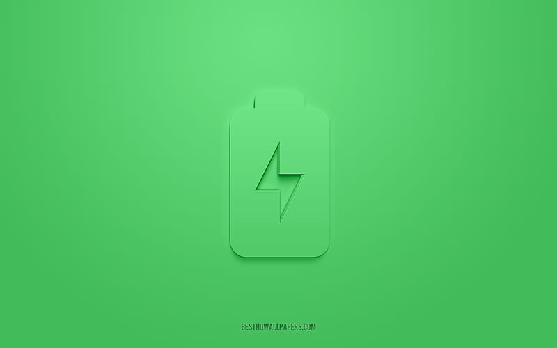 Full battery charge 3d icon, green background, 3d symbols, Battery, Electrical icons, 3d icons, Full battery charge sign, Electrical 3d icons, HD wallpaper