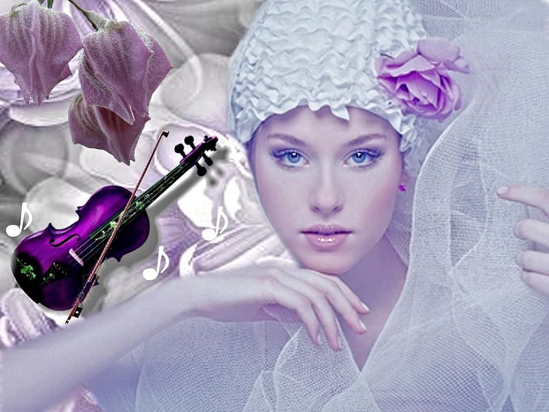 Purple Melody, gray, bonito, bow, floral, fantasy, musician, flowers, musical, pink, blue, violin, music, melody, black, delicate, hat, girl, purple, peach, white, HD wallpaper