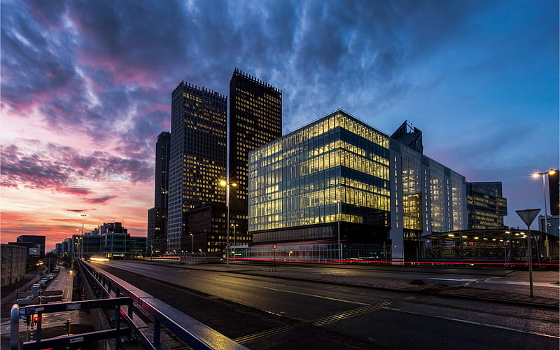The Hague, evening, skyscrapers, modern buildings, Netherlands, Holland, HD wallpaper
