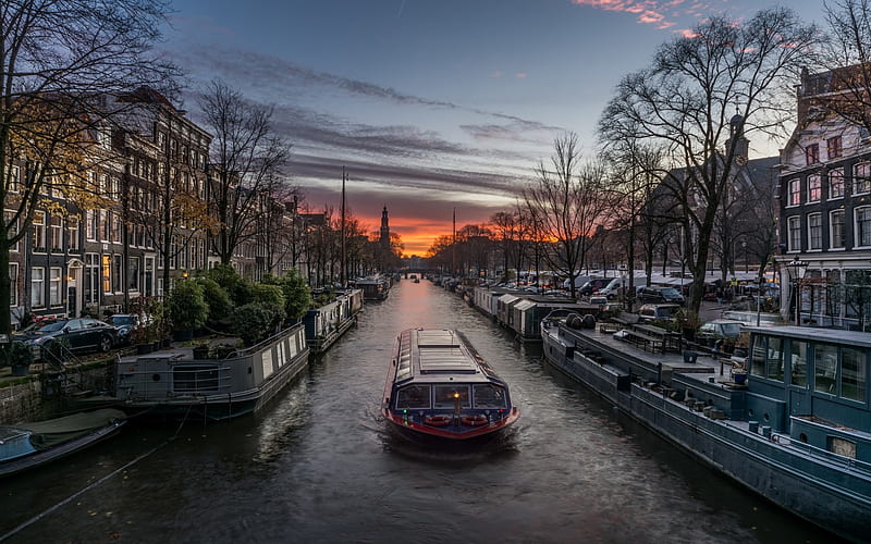 Amsterdam, Netherlands, canal, pleasure boat, barges, evening, sunset, HD wallpaper