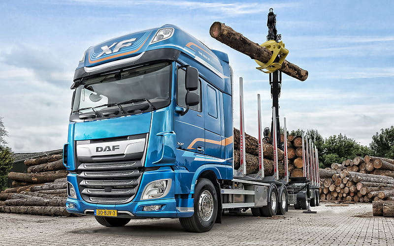 DAF XF, 2019, XF530, tree loading, timber bar transportation, truck with manipulator, cargo, new blue XF, DAF, HD wallpaper