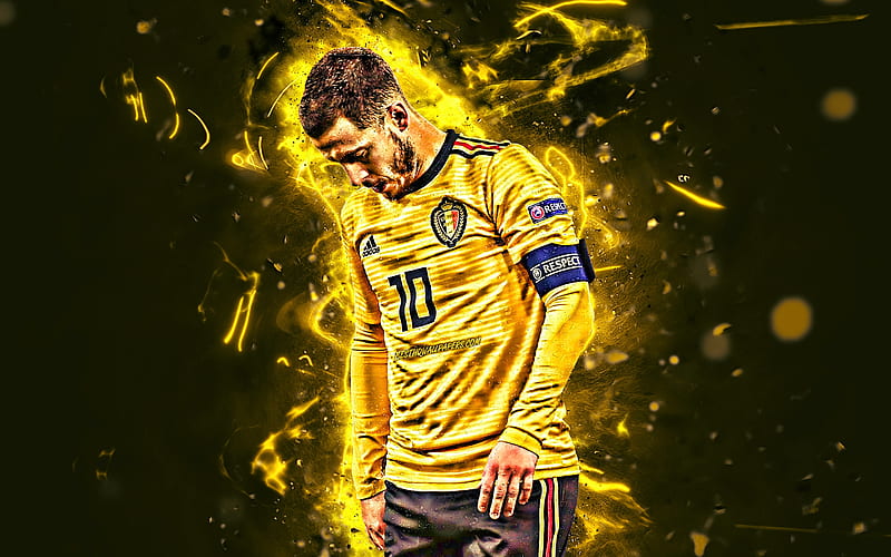 Eden Hazard, yellow uniform, Belgium National Team, forward, Hazard, soccer, footballers, neon lights, Belgian football team, HD wallpaper