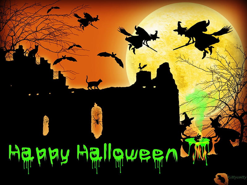 Halloween Witches , happy halloween, bats, halloween, witches, raven cats, collage, trees, abstract, fire, moon, castle, caldron, night, HD wallpaper