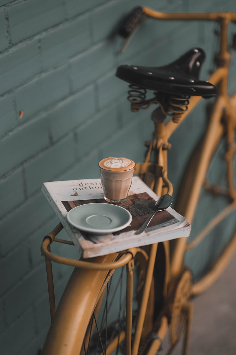 bicycle, glass, book, mood, coffee, drink, HD phone wallpaper