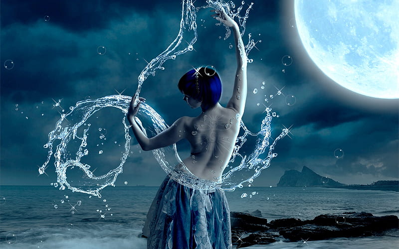 Agra Viva, seas, ocean, bonito, woman, Fantasy, enchanting, moon, water, magical, blues, HD wallpaper