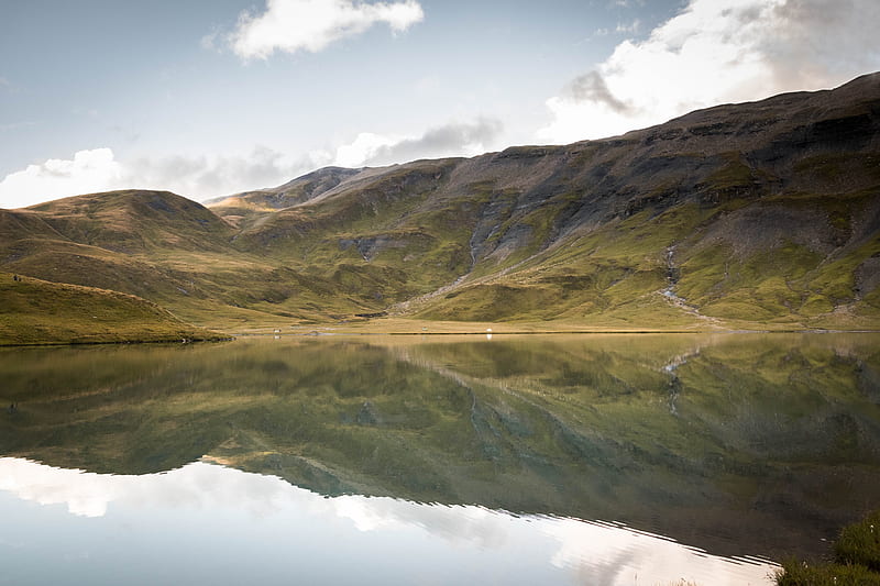 Green and brown mountains beside lake under blue sky during daytime, HD ...