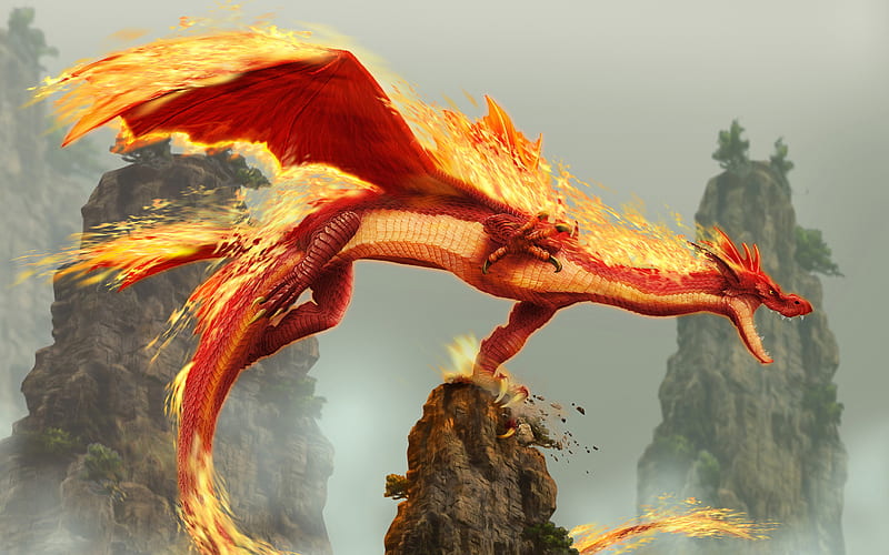 Red Fire Dragon Creature Fantasy Monster , dragon, creature, fantasy, artist, artwork, digital-art, HD wallpaper