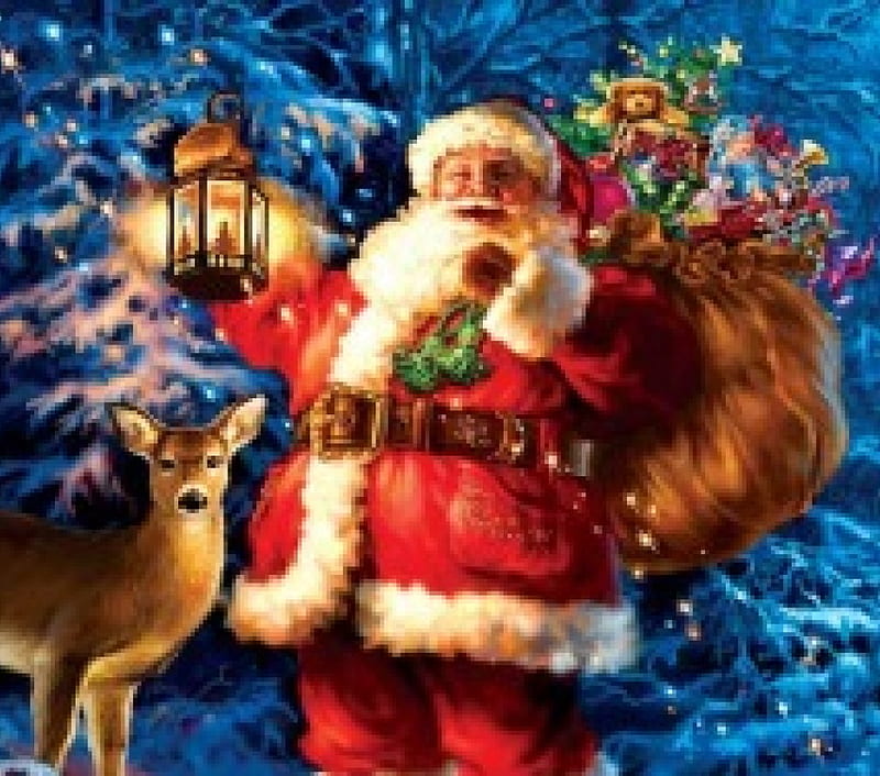 Forest Santa, snow, bag, trees, toys, artwork, light, deer, HD ...