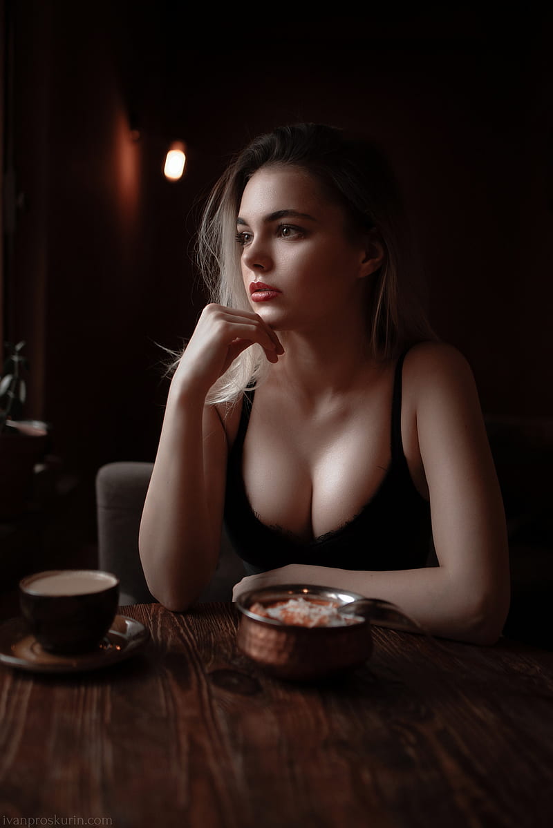 Ivan Proskurin, women, looking away, dress, black clothing, table, cup, coffee, makeup, Ombre Hair, Oktyabrina Maximova, cleavage, black tops, HD phone wallpaper