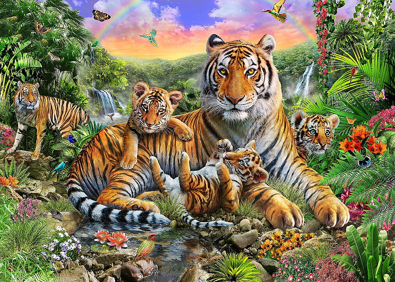 Tigers, family, art, luminos, tiger, cat, animal, cute, predator, fantasy, adrian chesterman, cub, jungle, pisica, HD wallpaper