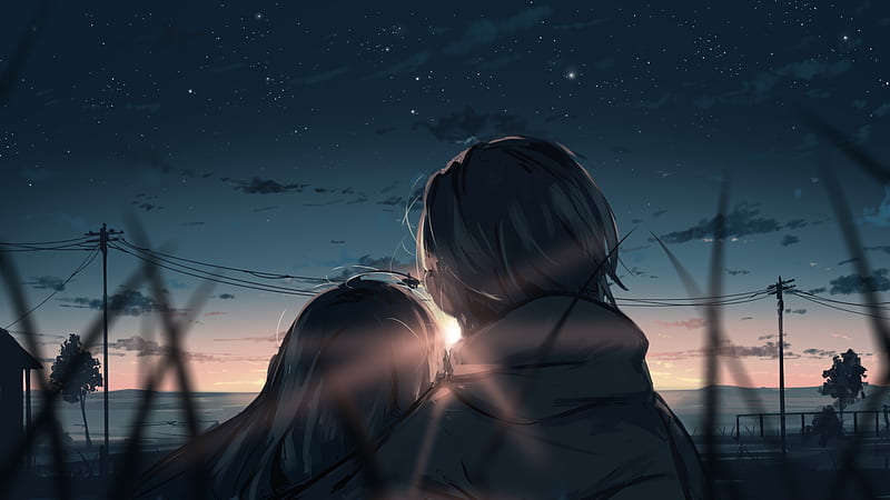 Anime, Girl, Boy, Sunset, Starry Sky, Sky, HD wallpaper
