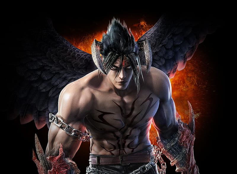 Devil Jin, games, wings, jin, male, jin kazama, kazama jin, shirtless, video games, dark background, horns, tekken, lone, HD wallpaper