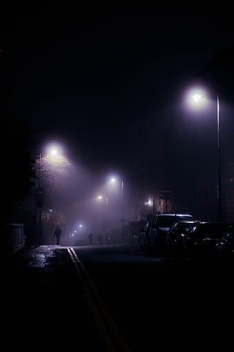 Street, night, fog, car, lights, HD phone wallpaper