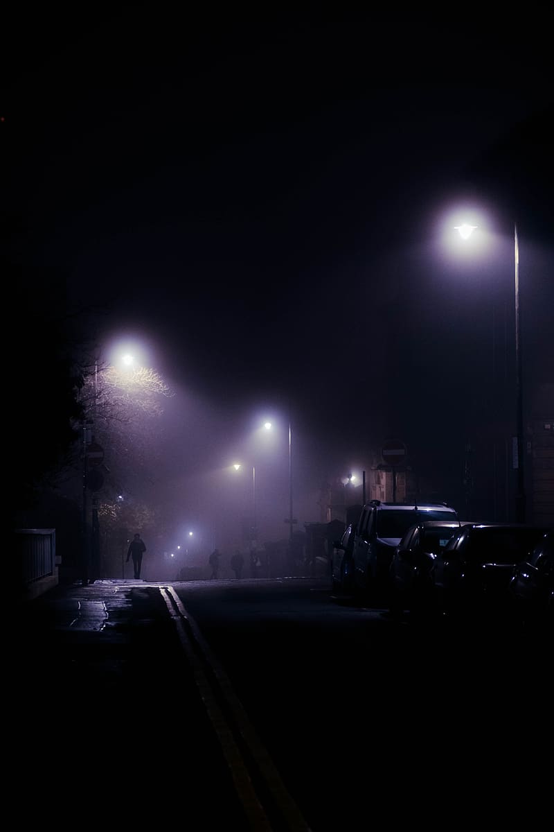 street, night, silhouettes, lights, fog, HD phone wallpaper
