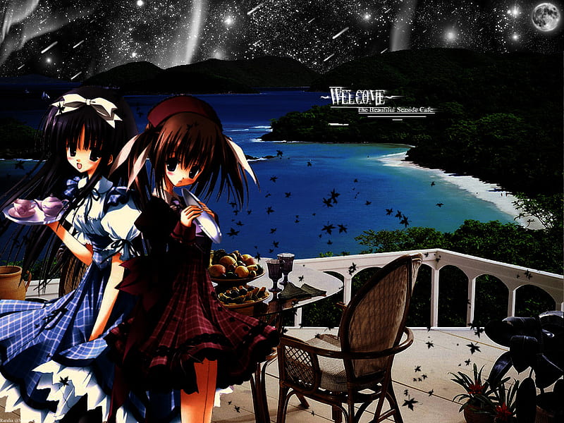 Seaside cafe, two girls, cute, loli, tinkle, HD wallpaper