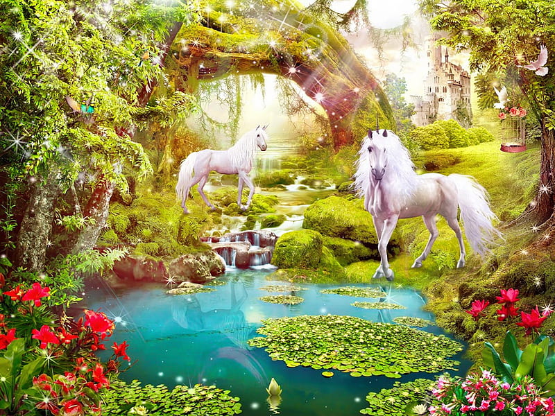 Paradise world, beautifuil, world, pretty, bonito, spring, unicorns, horses, pond, fantasy, paradise, summer, magical, flowers, castle, enchanted, HD wallpaper