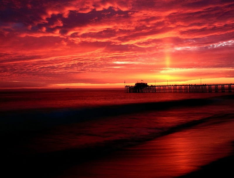 Magical Sunset, beach, ship, ocean, reddish sky, sunset, clouds, HD wallpaper