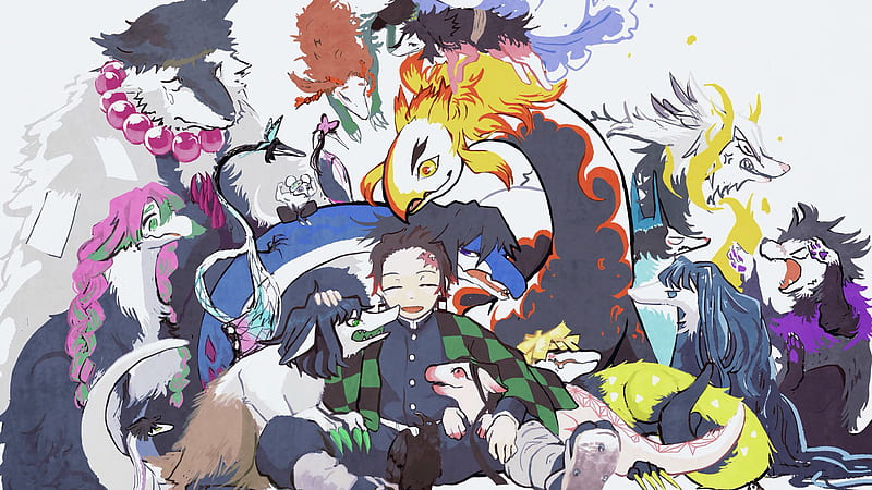 Demon Slayer Tanjiro Kamado Sitting With Animals With White Background Anime, HD wallpaper
