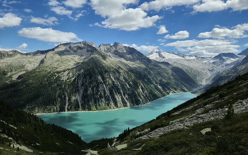 Schlegeis Reservoir, Zillertal, Tyrol, Austria, clouds, sky, alps, mountains, water, HD wallpaper