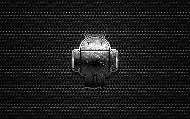 Android logo, steel polished logo, emblem, metal grid texture, black metal background, Android, HD wallpaper