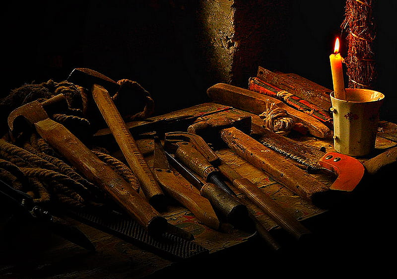 OLD TOOLS, candle, squeeze, mug, hammer, knife, saw, rusty, rope wrench, pliers, HD wallpaper