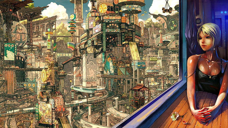 Steampunk anime, table, city, window, girl, steampunk, HD wallpaper | Peakpx