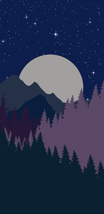 Artistic Landscape View Of Mountains Trees Lights Purple Starry Sky Moon  Minimalism 4K HD Minimalism Wallpapers  HD Wallpapers  ID 100904