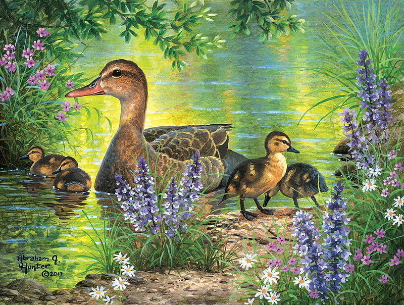 Ducks, duck, art, abraham hunter, bird, rata, summer, rate, painting, family, green, pictura, water, pasari, vara, duckling, HD wallpaper