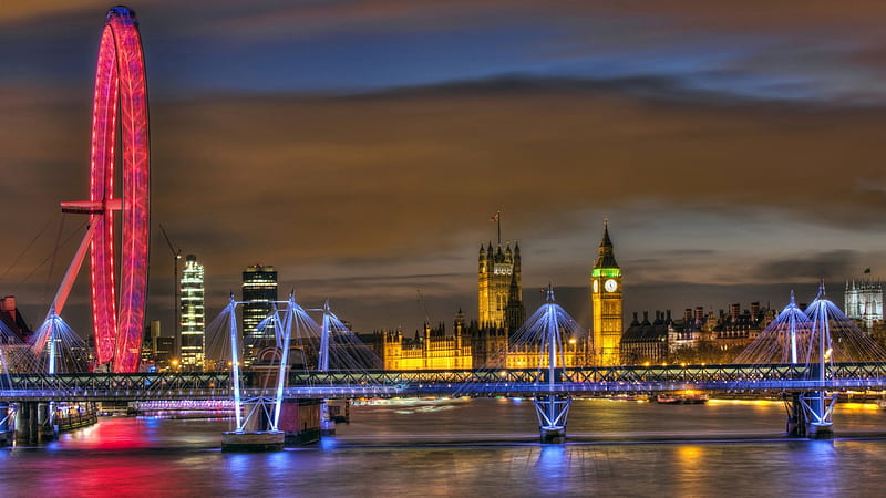 superb view of london at night r, city, bridge, tower, ferris wheel, river, r, HD wallpaper