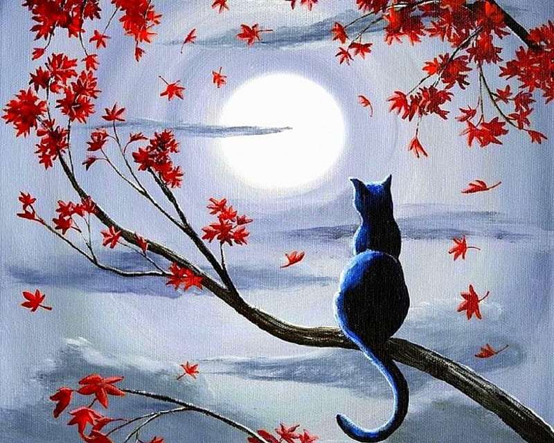 Silvery Moonlight, moons, fall, draw and paint, autumn, love four seasons, trees, leaves, paintings, moonlight, cats, HD wallpaper