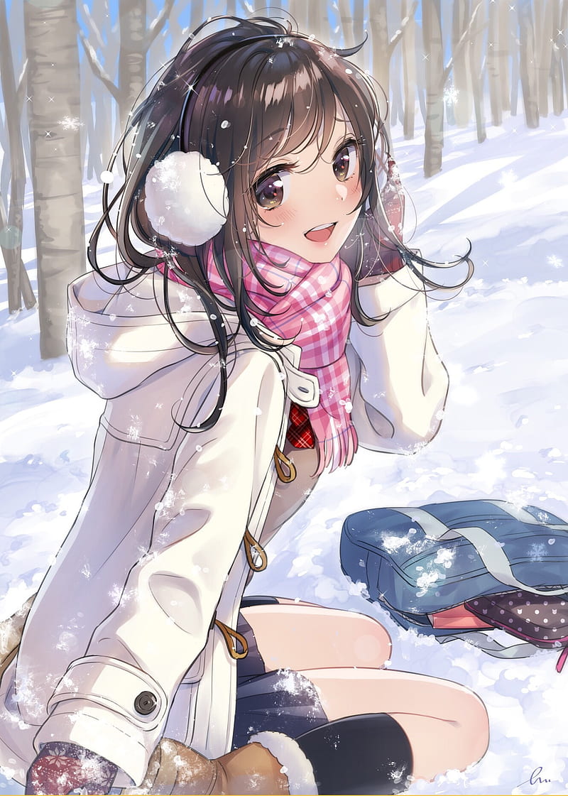 anime, anime girls, long hair, smile, snow, bag, headphones, scarf, miniskirt, wood, HD phone wallpaper