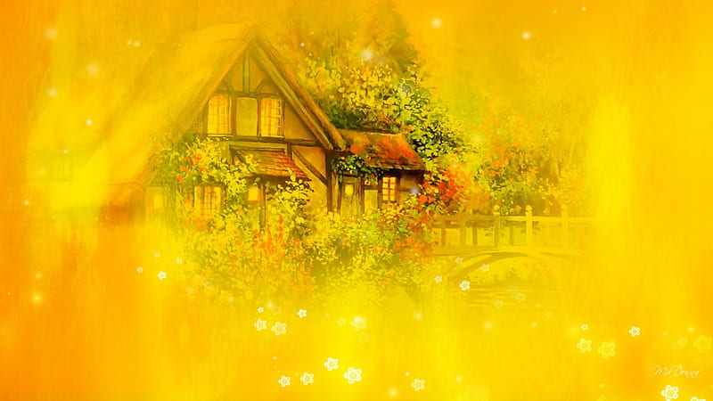Summer Cottage, gold, cottage, sunlight, flowers, yellow, garden,  Victorian, HD wallpaper | Peakpx