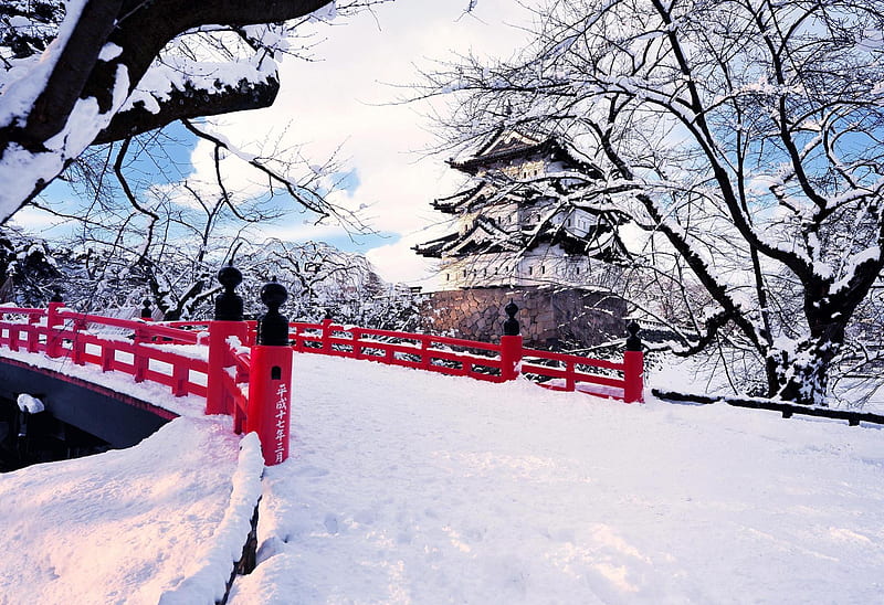 Japanese Garden in Winter, river, trees, snow, bridge, HD wallpaper