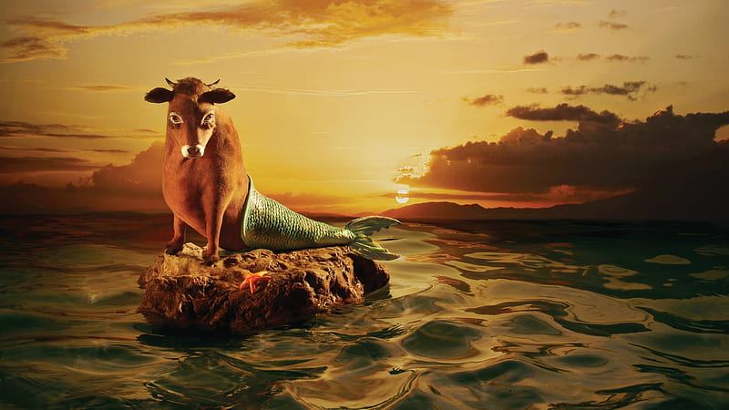 Mermaid-cow, fantasy, add, cow, mermaid, commercial, funny, sea, HD wallpaper