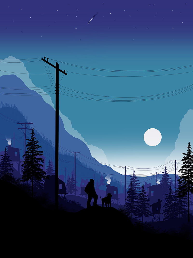 silhouettes, moon, mountains, night, vector, art, HD phone wallpaper