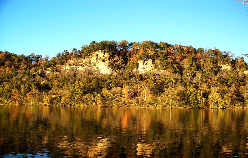Cumberland River, fall, autumn, water, river, reflection, trees, sky, hill, HD wallpaper