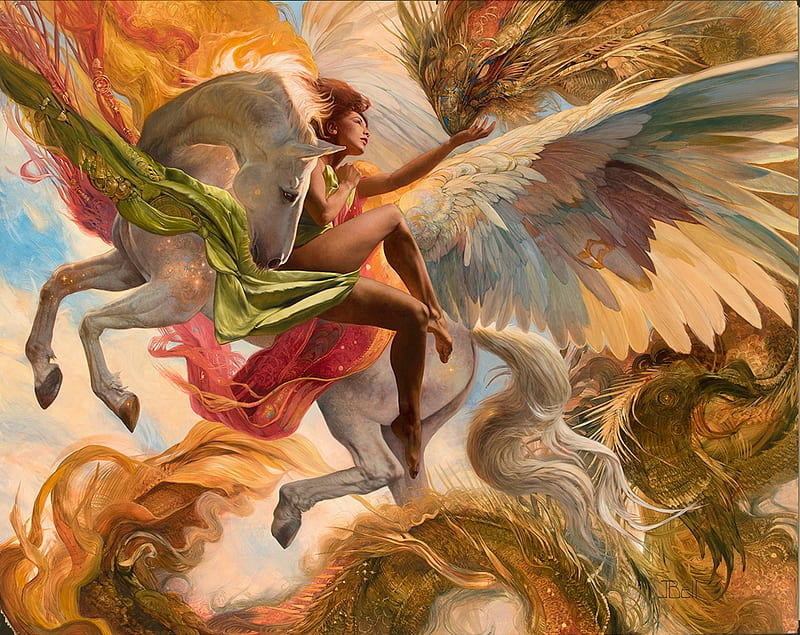 Come with us!, wings, luminos, wind, yellow, boris vallejo, superb, frumsuete, julie bell, fantasy, pegasus, girl, painting, white, pictura, gorgeous, red, dragon, art, HD wallpaper