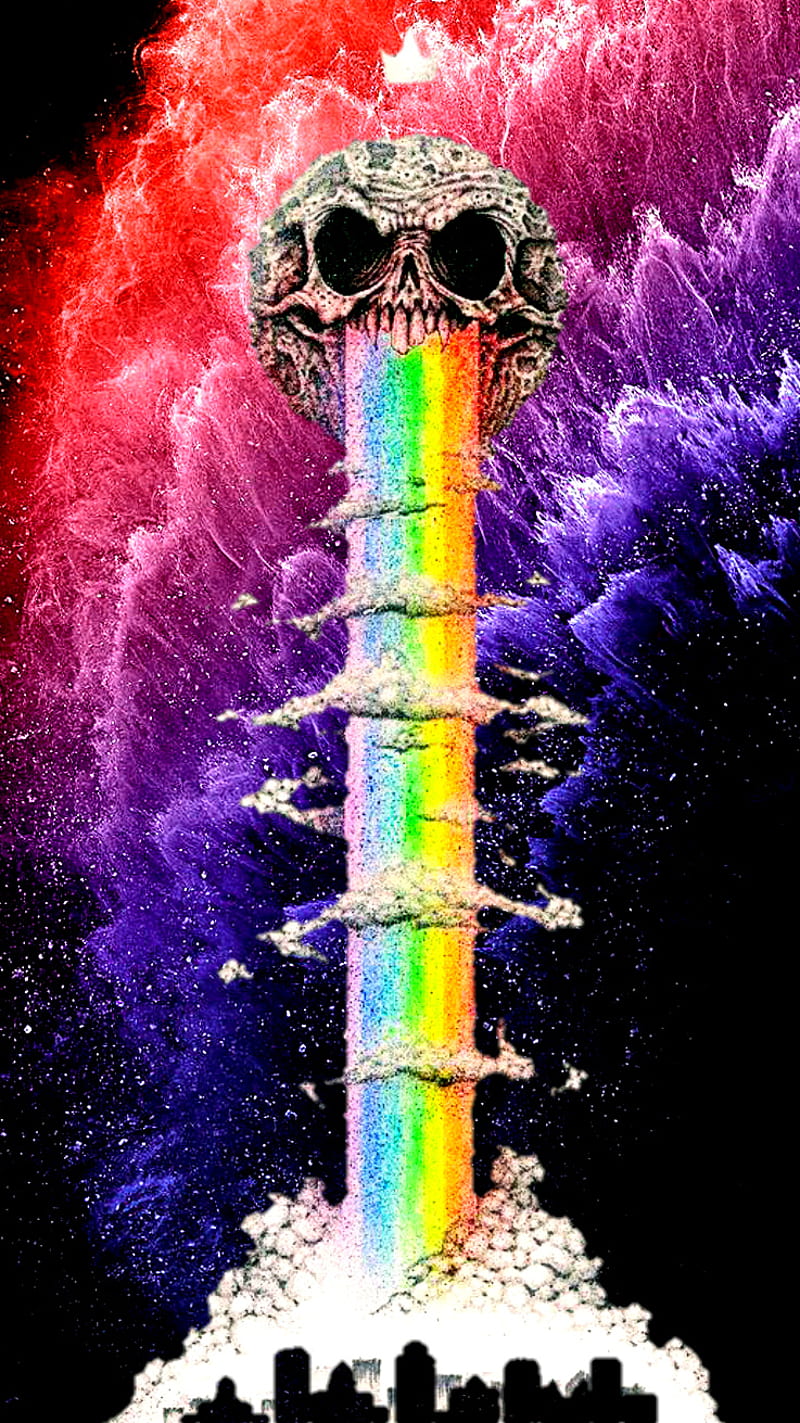 Skull puking rainbow, background, cloud, cute, evil, moon, space, HD phone wallpaper