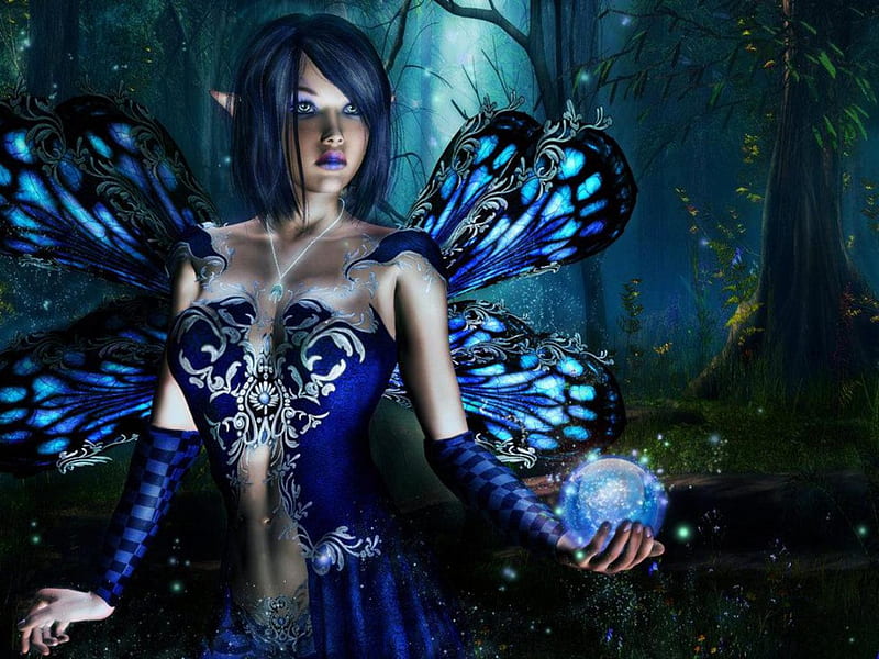 BLUE FAIRY ELF, forest, female, glowing, elf, fairy, orb, blue, HD wallpaper